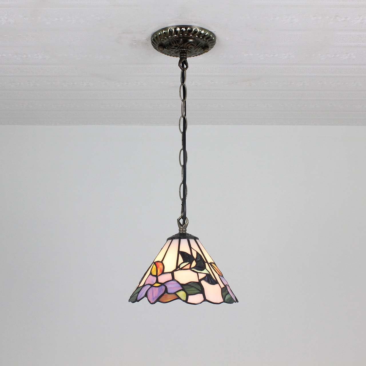Bieye L11007 Hummingbird Flower Tiffany Style Stained Glass Ceiling Pendant Fixture with 8 Inch Wide Handmade Lampshade, Blue