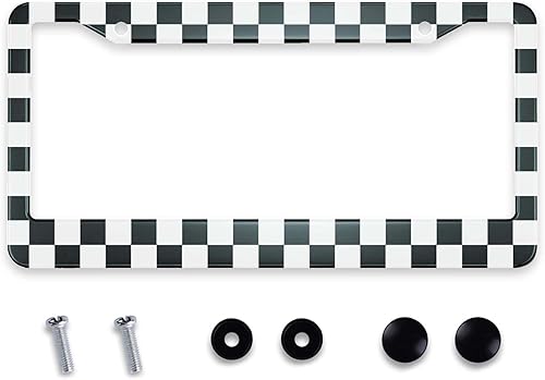 Smooffly Marco de matrícula personalizado de acero inoxidable, tablero de ajedrez blanco y negro, accesorio decorativo, 2 agujeros y tornillos, se