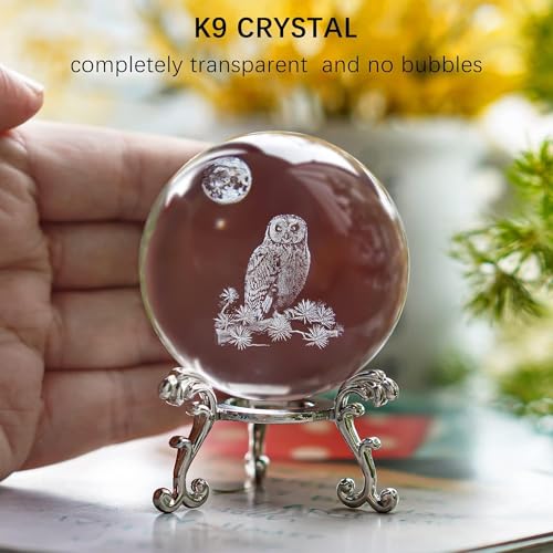 HDCRYSTALGIFTS 60mm 3D Laser Engraved Owl Crystal Ball Paperweight OWL Figurines Glass Sphere Animal Decorative Balls with Stand Gift