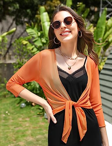 Image of Aiboria Womens 3 /4 Sleeve Shrug Sheer Mesh Bolero Tie Front Cropped Cardigan S-XXL