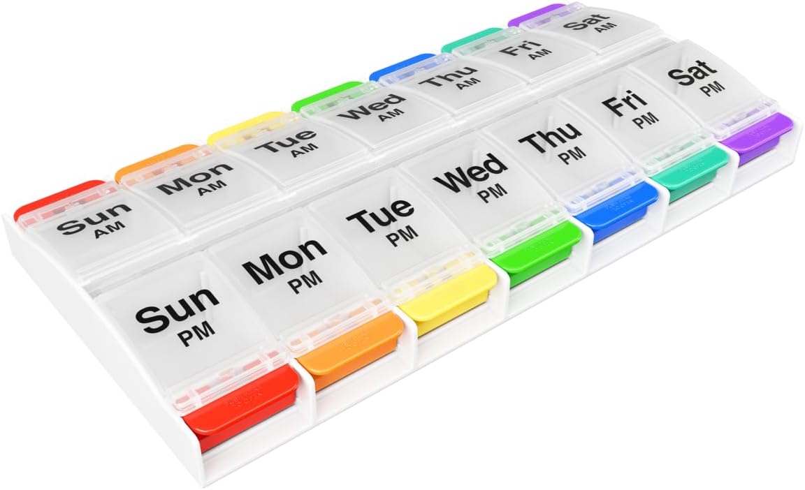 Ezy Dose Weekly (7-Day) AM/PM Pill Organizer, X-Large Medicine Box, Rainbow | Daily Vitamin & Supplement Case, 2 Times a Day Push Button Compartments, Arthritis-Friendly, Travel-Friendly, BPA-Free