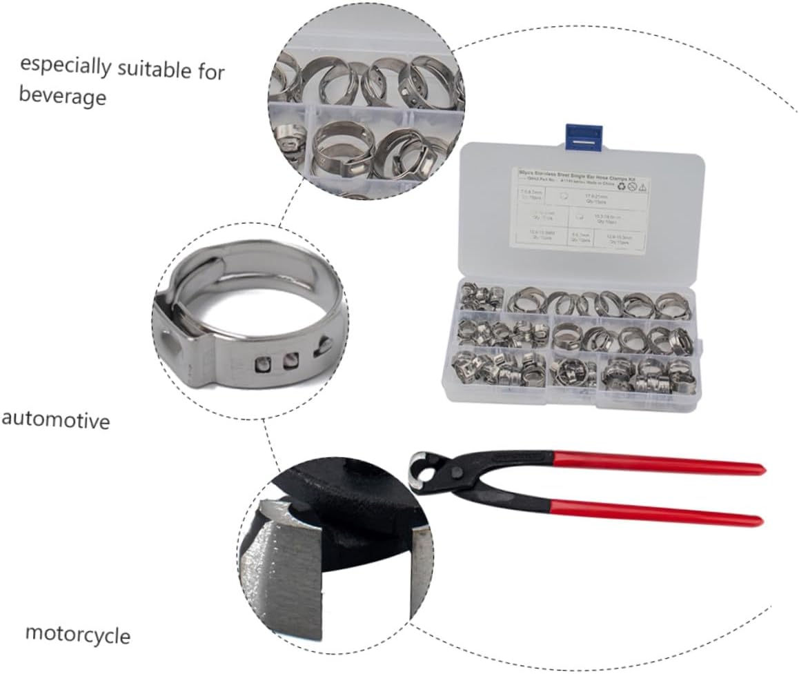 80 Pieces Stainless Steel Single Ear Hose Clamp Kit with Pincer, 7 Sizes Fuel and Water Hose Fitting Clamps for Plumbing and Automotive Applications