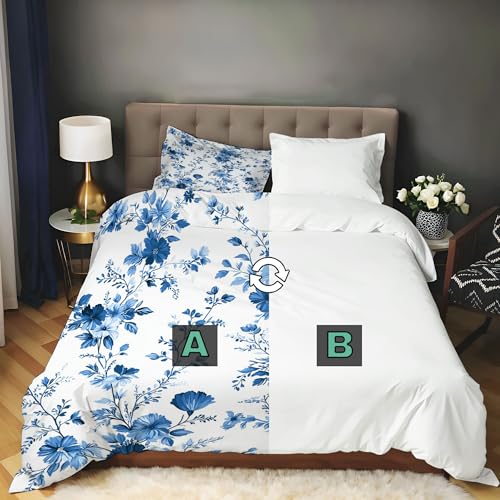 Housse de Couette Bleu Blanc Fleurs 240x260cm avec Taies