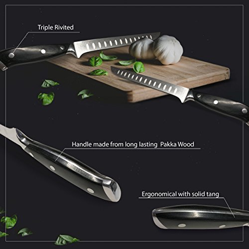 10” Chef Knife – Near Zero Resistance Air Knife – Dimpled Japanese Edge, German Tough Full Tang Stainless Steel Carving Knife For Slicing Thru Whole Meat, Hard Vegetables & Delicate Fish Like Butter #TOP1