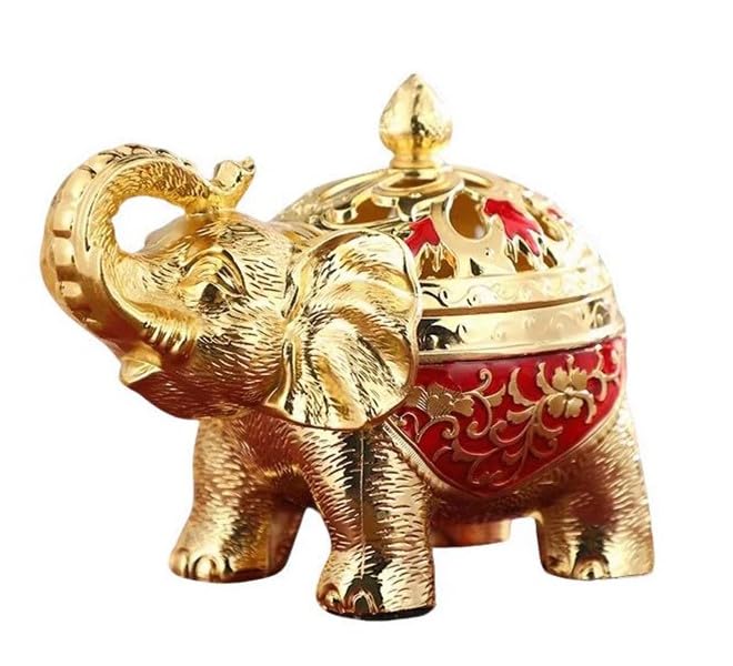 Vintage Incense Burner Elephant Metal Incense Burner Incense Holder with Lid for Home Office Yoga Hotel Decoration Gifts (Gold + Red)