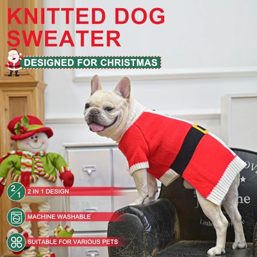 Image of BEAUTYZOO Dog Christmas Sweater for Small Medium Dogs Girls Boys, Dog Santa Claus Costume Outfits with Hat & Leash Hole, Turtleneck Knitted Pullover Xmas Puppy Sweaters Cold Weather Clothes, Red S