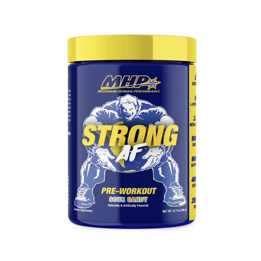 MHP Strong AF Pre-Workout Muscle Building Strength Performance Creatine Shilajit Beta Alanine Citrulline Alpha-GPC Sour Candy 40 Servings