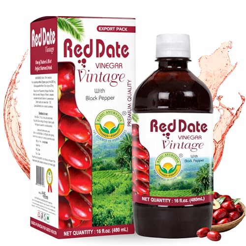 BASIC AYURVEDA Red Date Vinegar with Black Pepper | Naturally Fermented | Raw, Unfiltered Fruit Vinegar for Cooking, Toning, Salad Dressing & Detox Drinks | 16.23 Fl Oz (480ml)