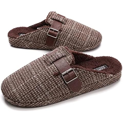 corifei Warm Adjustable Slippers for Men Plaid Indoor House Shoes Slip On Slides for Winter Cover