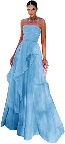 Vestidos largos de baile con volantes para mujer, formal, acampanado, sin tirantes, vestido de dama de honor, 2025, de tul escalonado, vestidos de