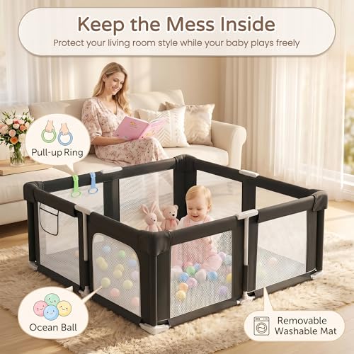Image of Foldable Playpen for Babies and Toddlers, 51 inch Portable Play Pen with Mat and Ocean Balls, Play Yard with with Visible Mesh for Inddor and Outdoor, No Assembly Required, Black