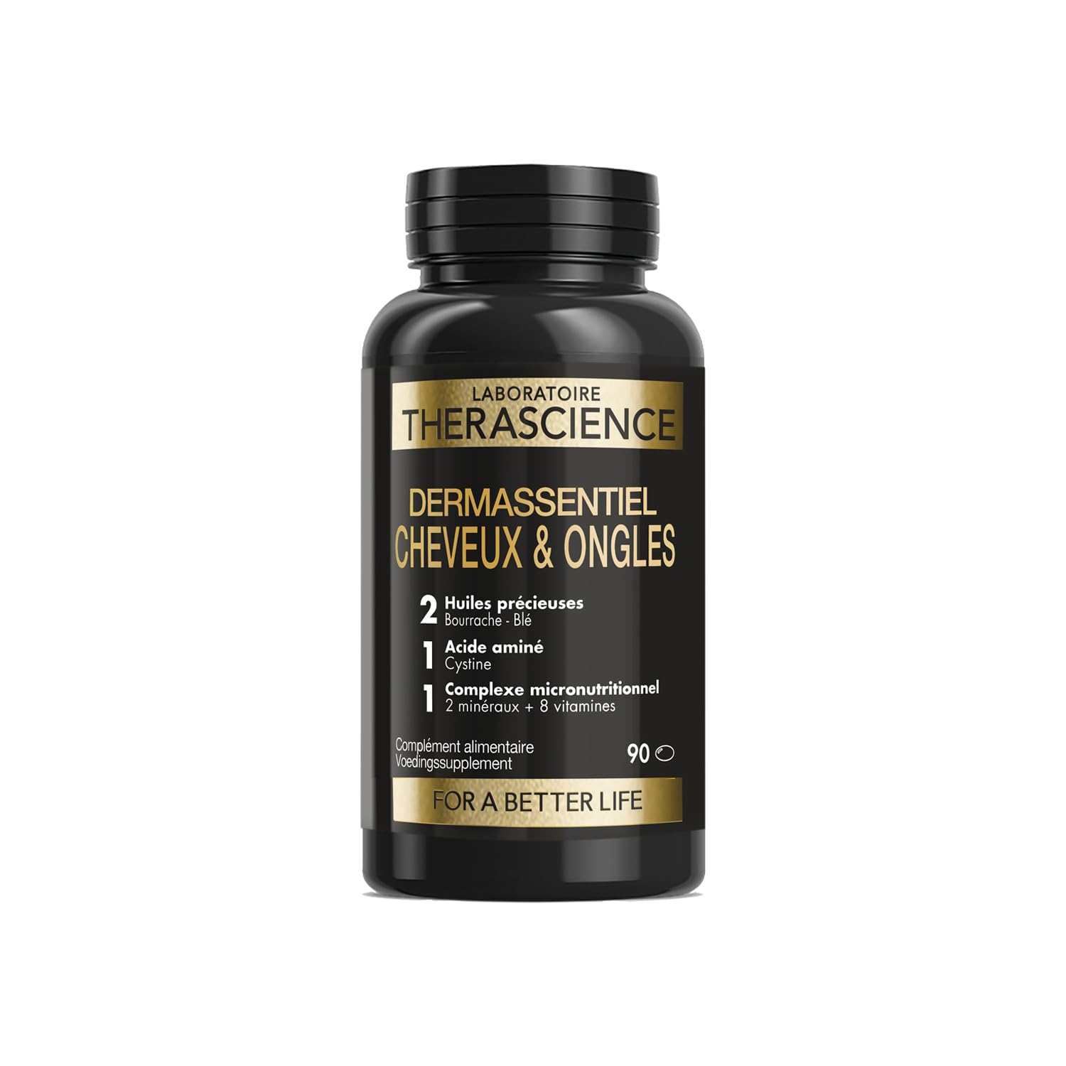 DERMASSENTIEL CHEVEUX & ONGLES | Nourrit & Fortifie | Cure 3 mois | 13 nutriments essentiels | Acide-γ-Linolénique et Céramides | Vitamines B6 & B8 | Cystine | 90 Capsules | Laboratoire THERASCIENCE