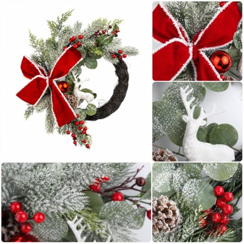 Christmas Wreath for Front Door, Artificial Wreath with Red Bow, Reindeer | 20-Inch Christmas Wreath, Artificial Frosted Pine Cedar Wreath with Pinecones, Holiday Decoration for Front Door, Porch Wall - image 5