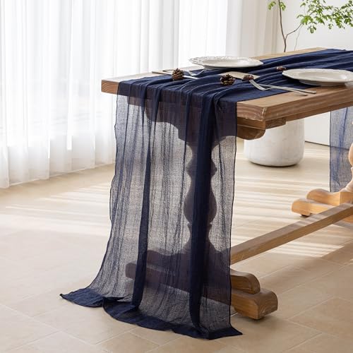Image of Navy Cheesecloth Table Runner 120 Inches for Party Boho Home Decorations | For Wedding Baby Shower Bridal Shower Birthday Engagement Party 10FT Rustic Boho Home Decor