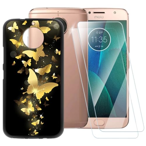 Funda TPU Impresa + 2 Protectores de Pantalla de Vidrio Templado Compatible con Motorola Moto G5S Plus, Carcasa Artística Delgada Antigolpes, Antirrayaduras, Protección Total
