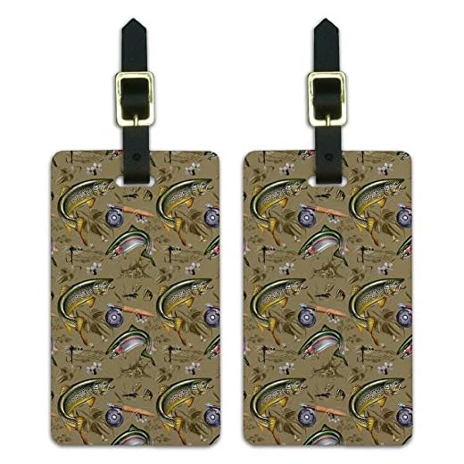Trout Stream Fish Fly Fishing Rod Reel Luggage ID Tags Carry-On Cards - Set of 2