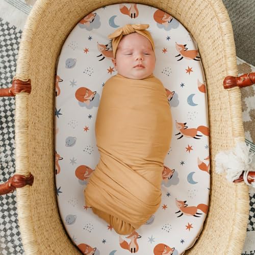 Image of Stretch Fitted Bassinet Sheet Set BROLEX 2 Pack Cradle Sheets for Bassinet Pad /Mattress,Unisex Boys Girls,Ultra Soft,Starry Fox