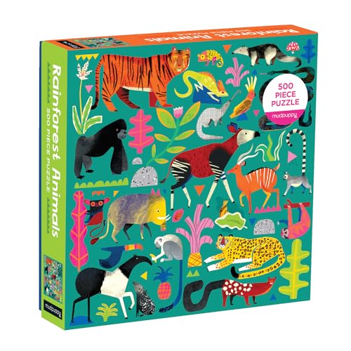Mudpuppy Rainforest Animals 500 Piece Family Jigsaw Puzzle, Vibrant Rainforest and Animal Puzzle with Tiger, Gorilla, and More Beloved Animals