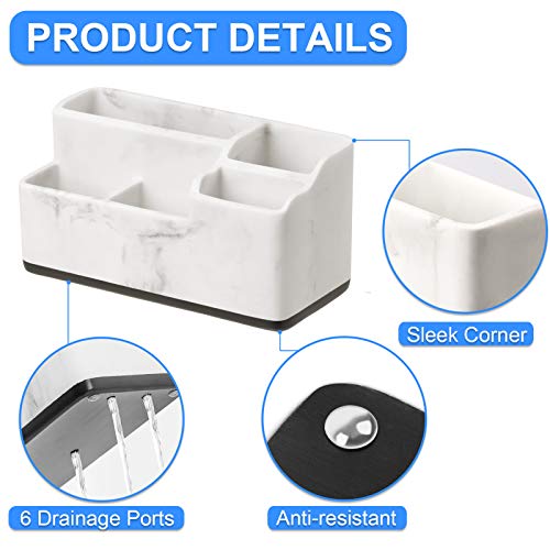 Vitviti Toothbrush Holder for Bathroom, Bathroom Storage Organizer, Small Counter Stand Accessories, for Toothpaste/Vanity Countertop, 5 Compartments Drainage Organization, White Resin of Marble Color - Thumbnail 5