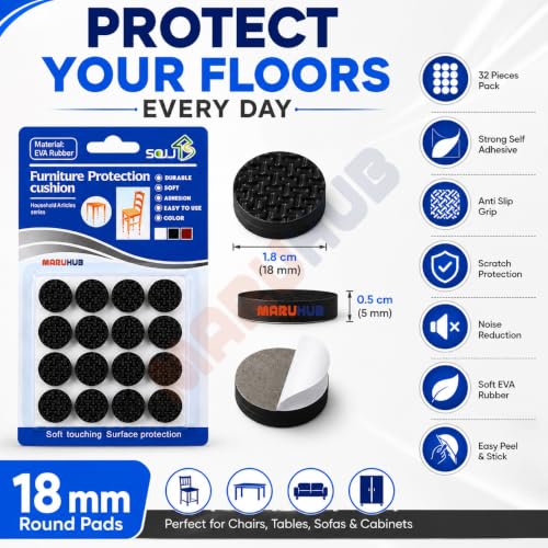 Image of MaruHub Chair Leg Floor Protectors 32 Pcs | Self Adhesive EVA Furniture Pads 1.8 cm Round | Furniture Rubber Pads | Anti Scratch | Anti Slip | Noise Reduction | Table Sofa Cabinet Bed Protectors