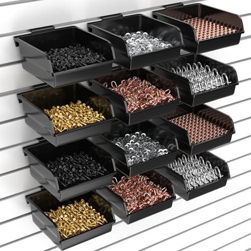 BeapTcely 12 Pack Slatwall Bins with Hooks Plastic Slatwall Organizer Slatwall Containers Workbench Bins for Slat Wall Organizing Hardware, Garage, Craft Room, Tool Shed, Hobby Supplies (12, Black)