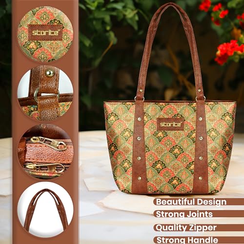 Image of Storite Women's Tote Bag with Leather Handles & Embroidery Printed Handbag with Zip Pockets, Shoulder Tote Bag and Handbag for Office and College