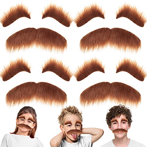 4 Sets Halloween Fake Eyebrows Beard Moustache Kit Novelty Self Adhesive Facial Hair Funny Moustache Kit for Halloween Costumes Masquerade Party Cosplay Props Disguise Decoration Supplies, Brown