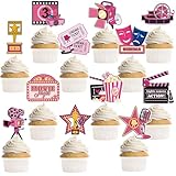 MOIZYNG 24 Pcs Movie Night Cupcake Toppers, Pink Cinema Ticket Popcorn Star Cupcake Picks for Hollywood Theme Movie Theater Film Baby Shower Birthday Party Cake Decorations Supplies