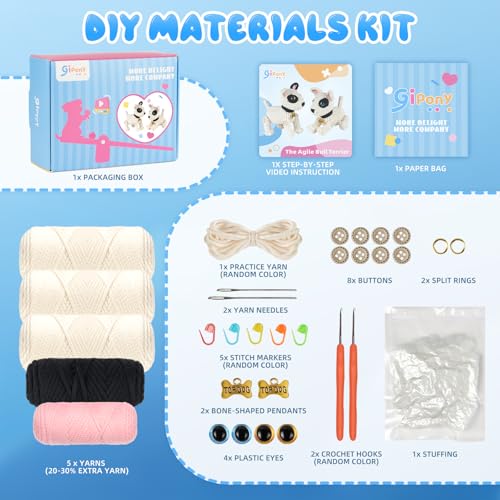 Image of Gipony Crochet Kit for Beginners Animal,Crochet Animal Kits,Crocheting Kit for Starters,Learn to Crochet with Step-by-Step Video Tutorials,Beginner Crochet Kits Adults(2 Pack Bull Terrier)