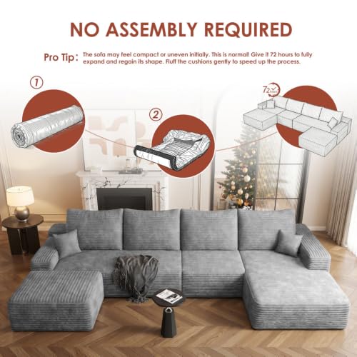 Image of Boneless Couch, Modular Sectional Couches for Living Room, U-Shaped Cloud Couch Sofa with Deep Seat, Fluffy Corduroy Upholstered Corner Sofa