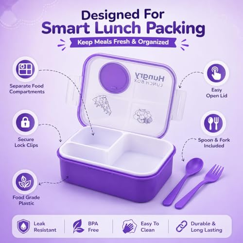 Image of Premium Insulated Lunch Box for Office & School | Leakproof Tiffin Box with Airtight Lid | Food Grade BPA Free Container | Keeps Food Fresh Hot & Cold | Portable Lunch Box for Men Women (Purple)