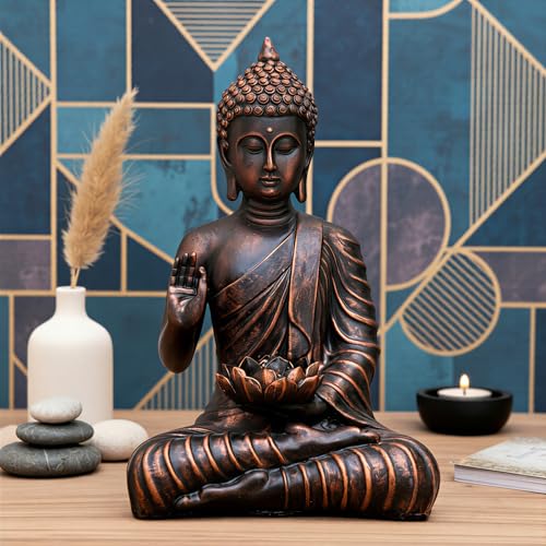 Heeran Art New Meditating Sitting Buddha Statue showpiece Idol Home Decor Items for Living Room and Gifts (Antique Copper, Medium)