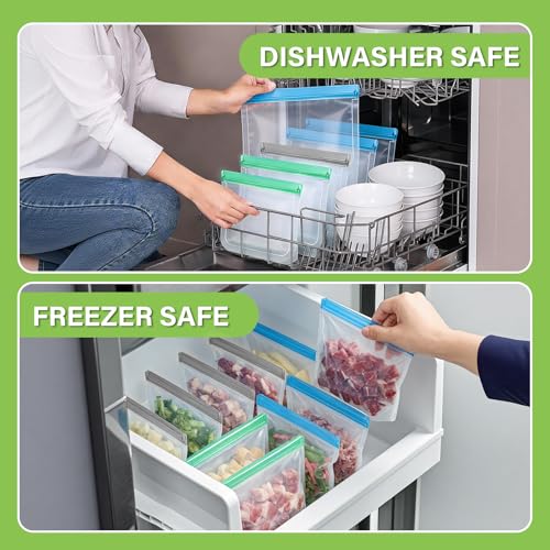 Image of 12Pack Reusable Freezer Bags Gallon Size, Silicone Lock Bags for Food Storage - Microwave & Dishwasher Safe, Leakproof Reusable Plastic Bags Ideal for Meal Prep, Leftovers, Snacks