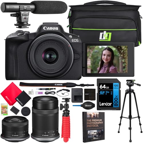 Image of Canon EOS R50 Mirrorless Camera Body with 2 Lens Kit RF-S 18-45mm is STM and RF-S 55-210mm is STM 5811C022 Bundle with Deco Gear Camera Bag + Microphone + Tripod + Photography Pro & Accessories Kit