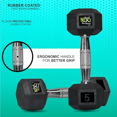 Image of NEXO Rubber Hex Dumbbell set 5kg dumbell Iron Stainless steel grip dumbbell set for Home Gym Workout Dumbbells Weights,gym equipment. Black