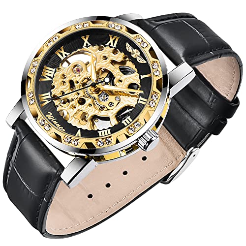 Vintage Leather Manual Mechanical Skeleton Men's Watch, Men's Mechanical Watch with Diamond and Carved Flower Design, Classic Roman Digital Leather Watch for Men