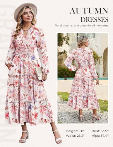 Image of GRACE KARIN Women's Floral Maxi Dress 2026 Fall Long Sleeve V Neck Empire Waist A Line Flowy Dress with Pocket