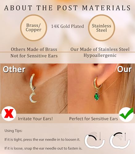 14K Gold Plated Hoop Earrings for Women 6 Pairs Emerald Green Earrings Dainty Small Hoop Earrings Stud Earrings Sets for Multiple Piercing4