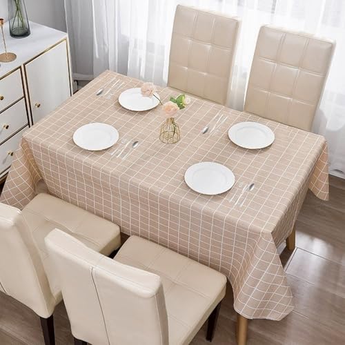 Plastic Tablecloth 1pc 137*180cm Waterproof Coffee Checkered Table Cloth Wipeable Rectangular,Plaid Table Cover Wipe Clean Oil Cloth Outdoor Indoor Tablecloth for Party,Picnic