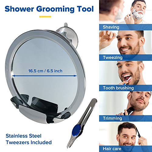 Mallstan Fogless Shower Mirror with Razor Holder, Fog Free Bathroom Shaving Mirror, Wall Mounted Strong Suction Cup, 360° Rotating Adjustable Arm. Shatterproof Chrome Round + Stainless Steel Tweezers
