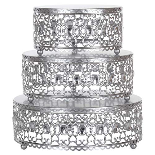 Amalfi Decor Cake Stand Plateau Riser Round Metal Pedestal Holder with Crystal Gems Silver Set of 3