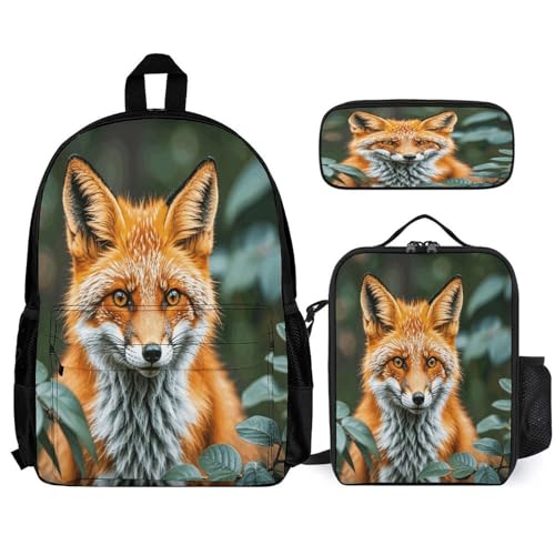 3-in-1 Backpack Combination Set Fox Leaf Print 3Pcs Backpack Sets Travel Daypack with Lunch Bag And Cosmetic Bag