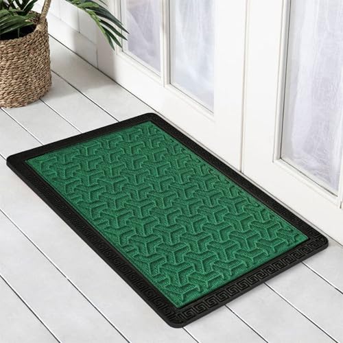 Image of Yellow Weaves 1 Pc Door Mat for Home Entrance, Outdoor Rubber Mat - Non-Slip, Anti Skid Foot Mat, Dirt Trapper, Heavy-Duty, Weather-Resistant, Waterproof Doormat (40x60cms, Geometric, Green Color)