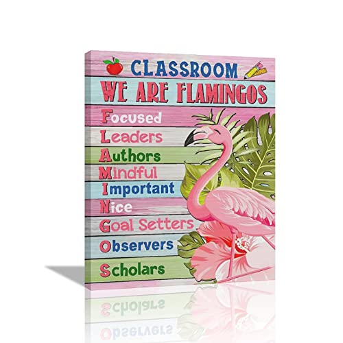 yowecso Stampa artistica da parete con fenicottero tropicale estivo, stampa su tela, decorazione da parete con regole di classe, decorazione artistica per aule e asili, pronta da appendere, 40,6 x