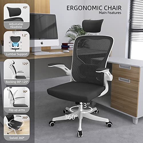 Image of Monhey Office Chair, Ergonomic Office Chair with Lumbar Support & 3D Headrest & Flip Up Arms Home Office Desk Chairs Rockable Computer Chair Multi-Angle from 90 to 130 with 350LBS CapacityChair