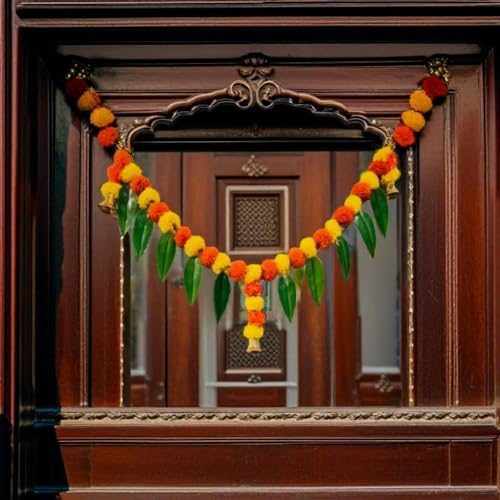 Image of Akaar Decor Artificial Marigold Bandhanwar Door Hanging Toran | Diwali Decoration Items for Home Decor| Festive Decor| Office Decor| -(L:Approx. 3.5ft)-with Mango Leaves Decoration (Multi)