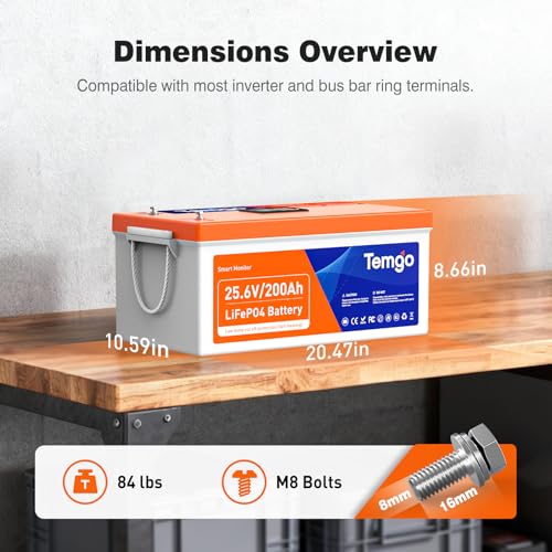 Image of TEMGO 24V 200Ah LiFePO4 Lithium Battery: Self-Heating, LCD Screen Display, Bluetooth &App, Low-Temp Protection, Built-in 200A BMS, 5120Wh Energy, 5000+ Cycles for RV, Camper, Trolling Motors, Off-Grid