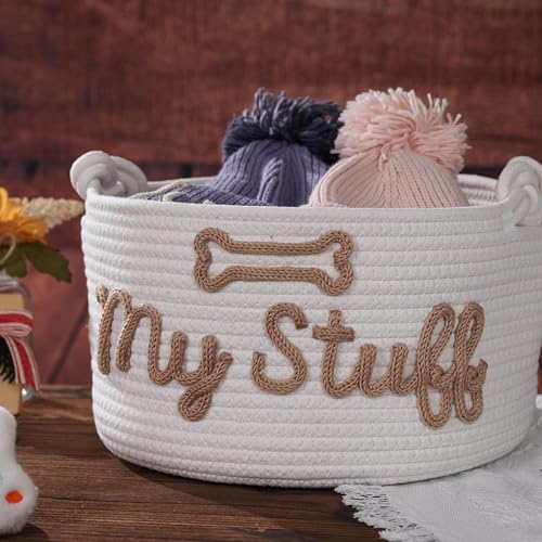 WANSHUNLMI Grey Black Pet Storage Basket with Rope Handles, Woven Dog Toy Bin, Cotton Rope Organizer, My Stuff Design with Bone, Beige Yarn (Grey Black) by WANSHUNLMI - Used condition - Image 6