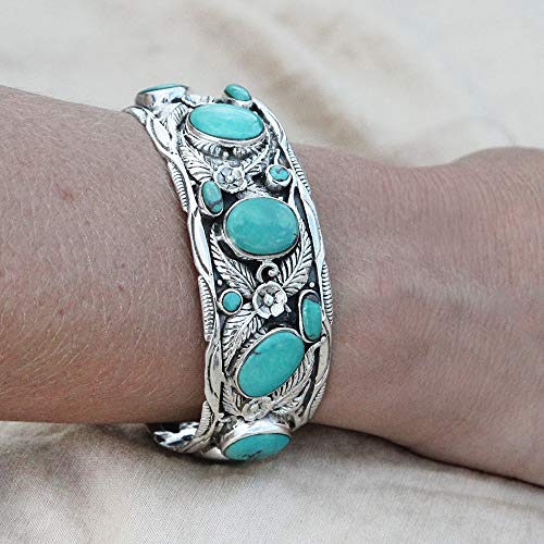 Vy Jewelry Leaves Cuff – Turquoise Handmade 925 Sterling Silver Wide Bracelet - Made In Thailand - Size M/L #TOP1