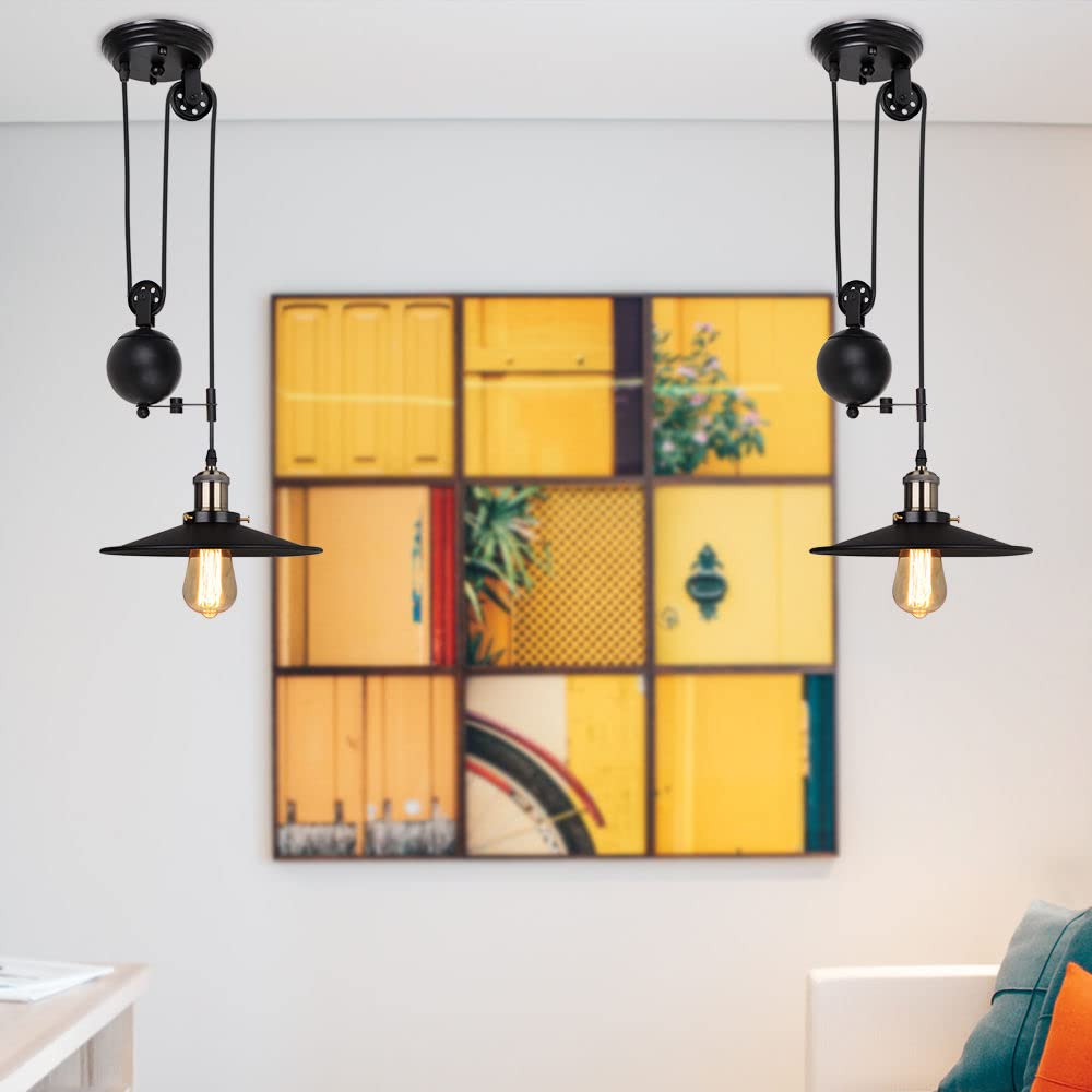 iDEGU Lámpara de Techo Vintage, Retro Lámpara Colgante Negro Diseño Industrial con Sistema de Poleas de Metal Regulable Lámpara de Araña para Comedor, Salón, Cocina, Restaurante